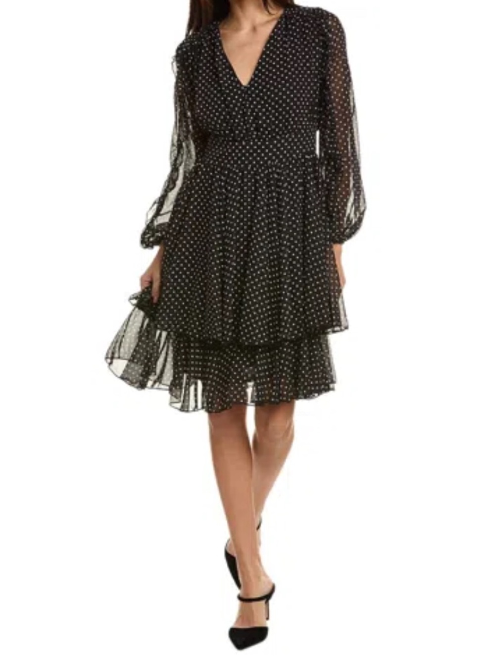 Elie Tahari Black & White Polka Dot Chiffon Ruffle Dress – Size 4 – NWT